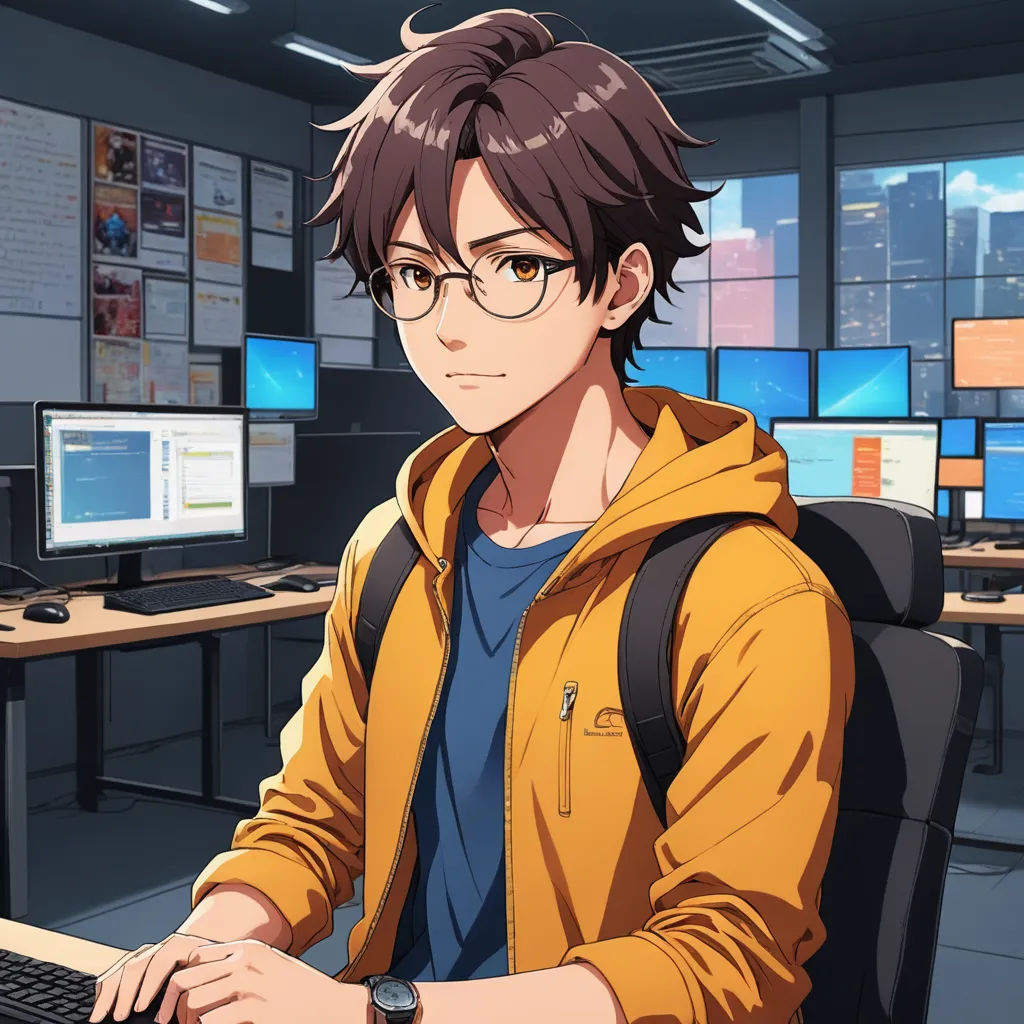 a man sitting at a computer desk in front of a monitor and keyboard in a room with many monitors, sots art, computer graphics, Ai-Mitsu, official art