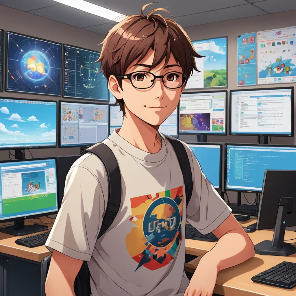 a man standing in front of a bunch of computer monitors and monitors on a wall of monitors and screens, computer art, computer graphics, Adam Manyoki, official art