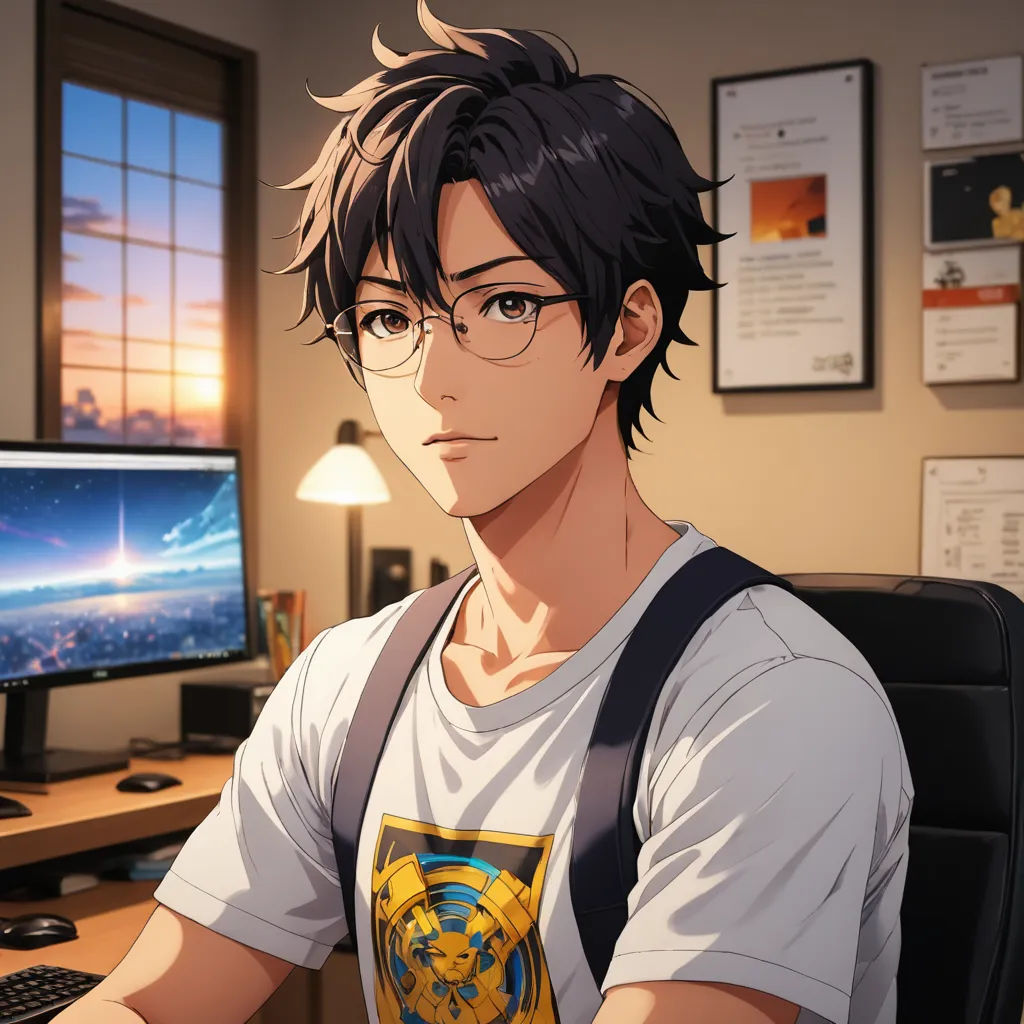 a man sitting at a desk with a computer on it and a monitor on the desk behind him, with a lamp on, sots art, computer graphics, Cedric Seaut (Keos Masons), official art