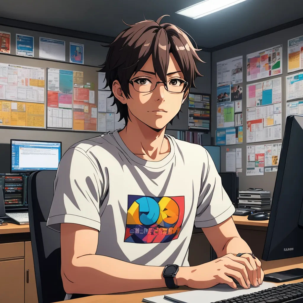a man sitting at a desk with a computer in front of him and a monitor on the desk behind him, computer art, computer graphics, Aguri Uchida, official art