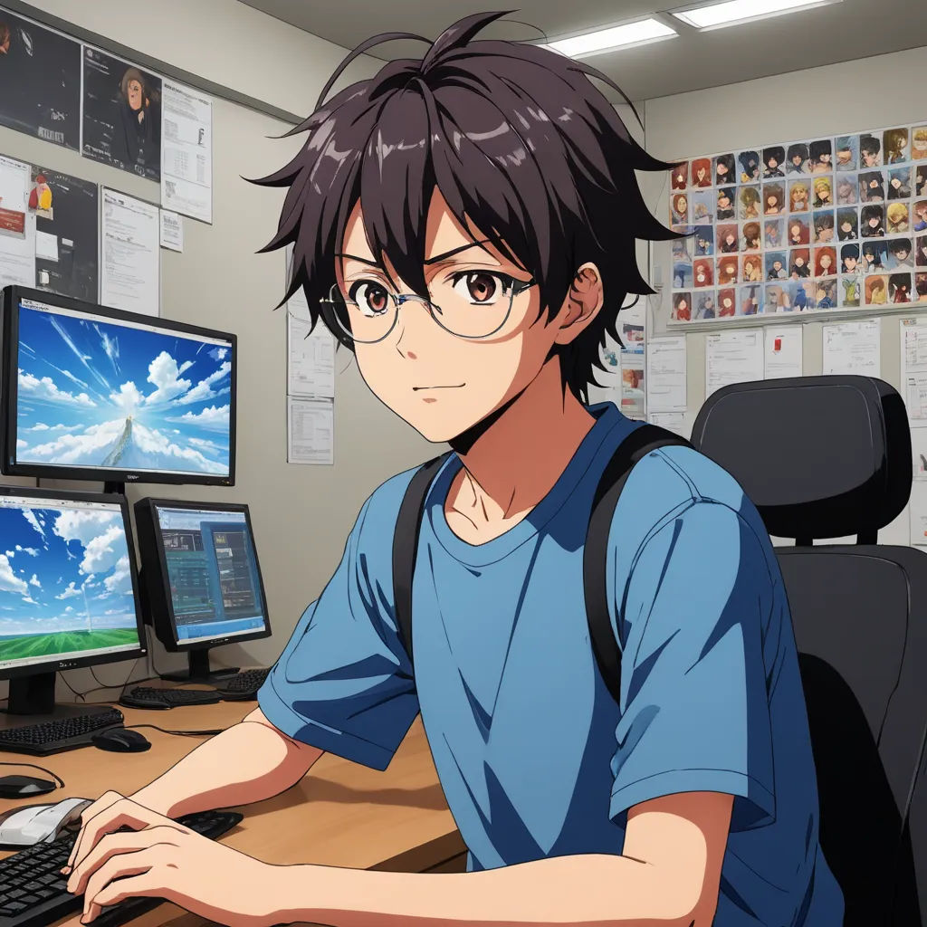 a man sitting at a desk with a computer and a monitor on it, with a sky background behind him, computer art, computer graphics, Aguri Uchida, official art
