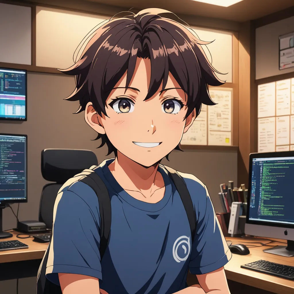 a man sitting in front of a computer desk with a monitor and keyboard on it, and a monitor screen behind him, computer art, computer graphics, Ai-Mitsu, official art