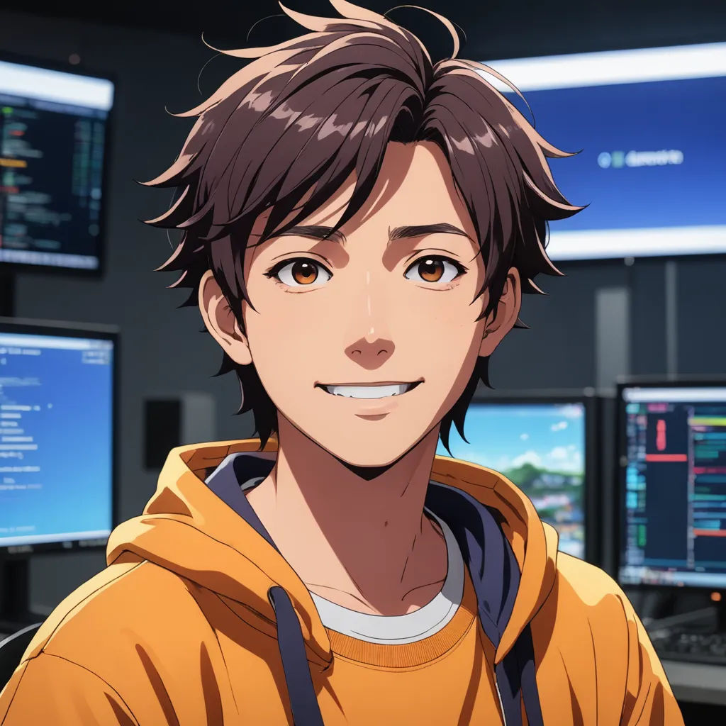a man in a yellow hoodie standing in front of computer monitors and smiling at the camera with a smile on his face, net art, computer graphics, Adam Manyoki, official art