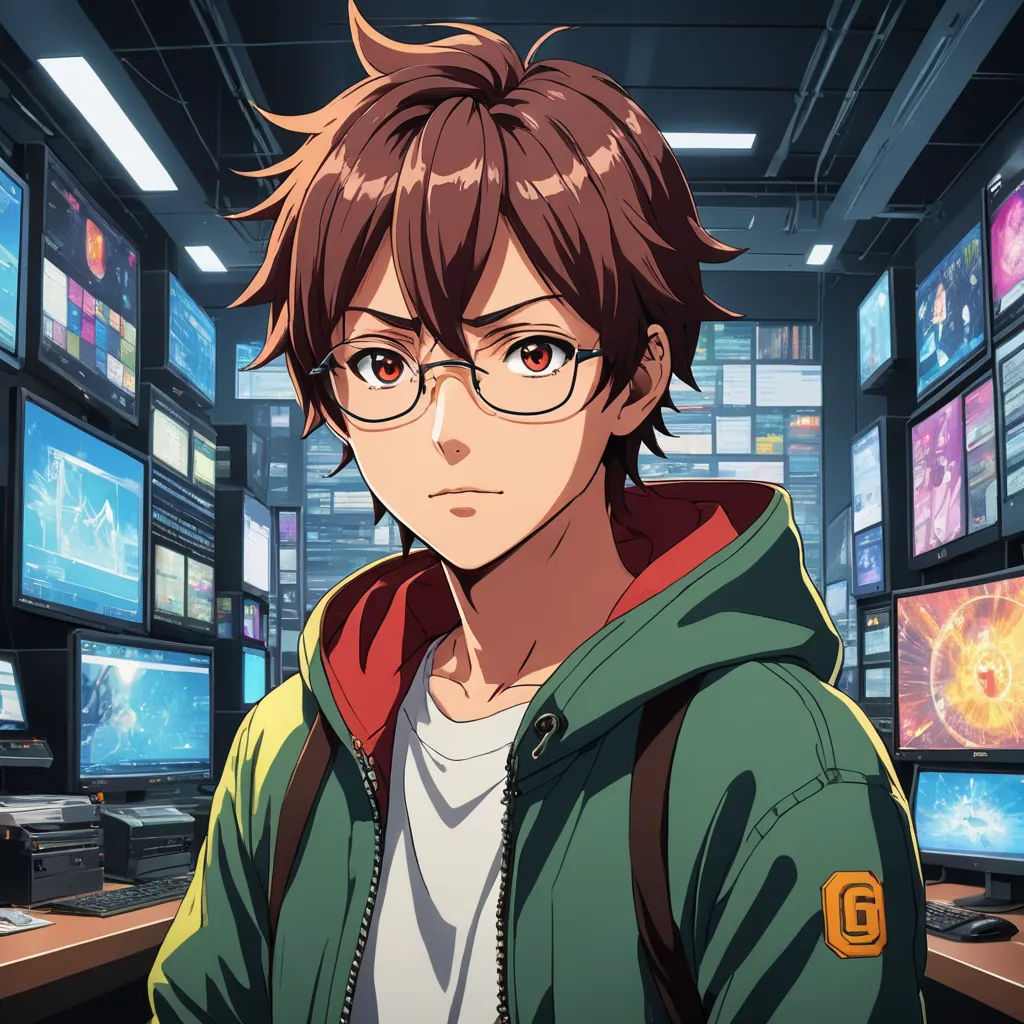 a man in a room with many monitors and a backpack on his shoulder and a backpack on his shoulder, shock art, a character portrait, Ai-Mitsu, official art