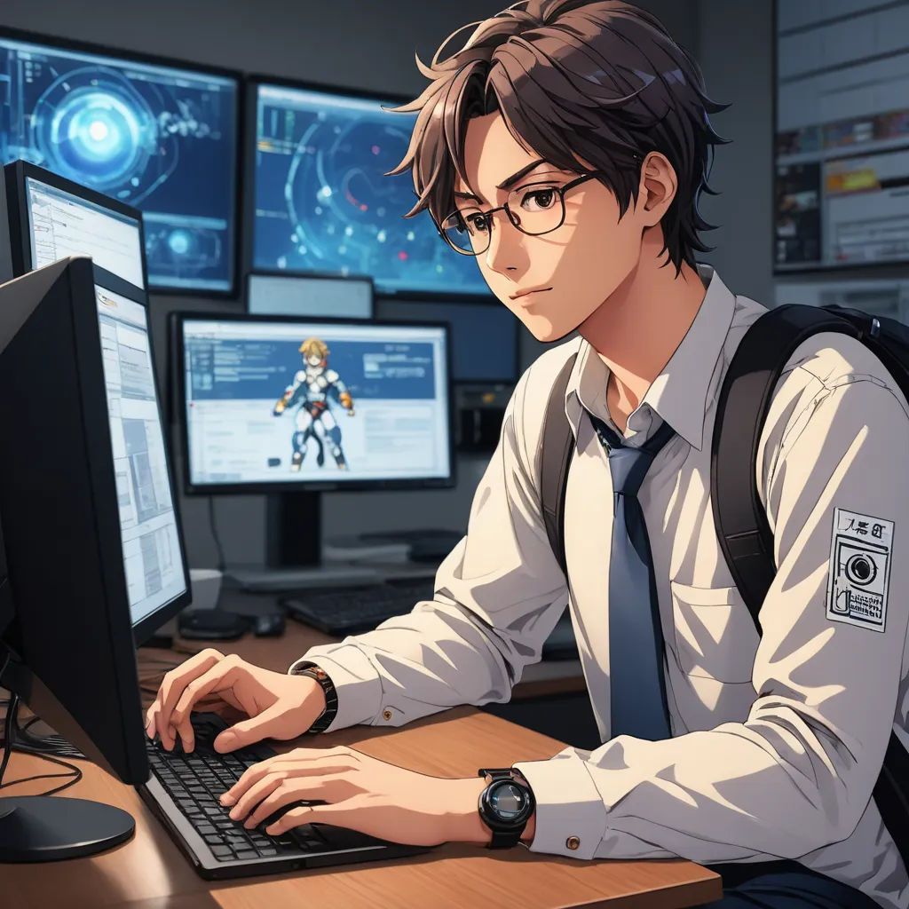 a man sitting at a desk with a laptop computer and a monitor on it, with a character on the screen, sots art, computer graphics, Cedric Seaut (Keos Masons), official art