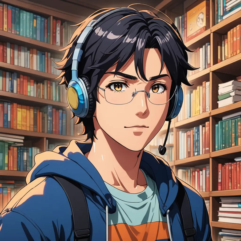 a man with headphones on in front of a book shelf with books on it and a book case behind him, remodernism, a character portrait, Adam Manyoki, unreal engine highly rendered