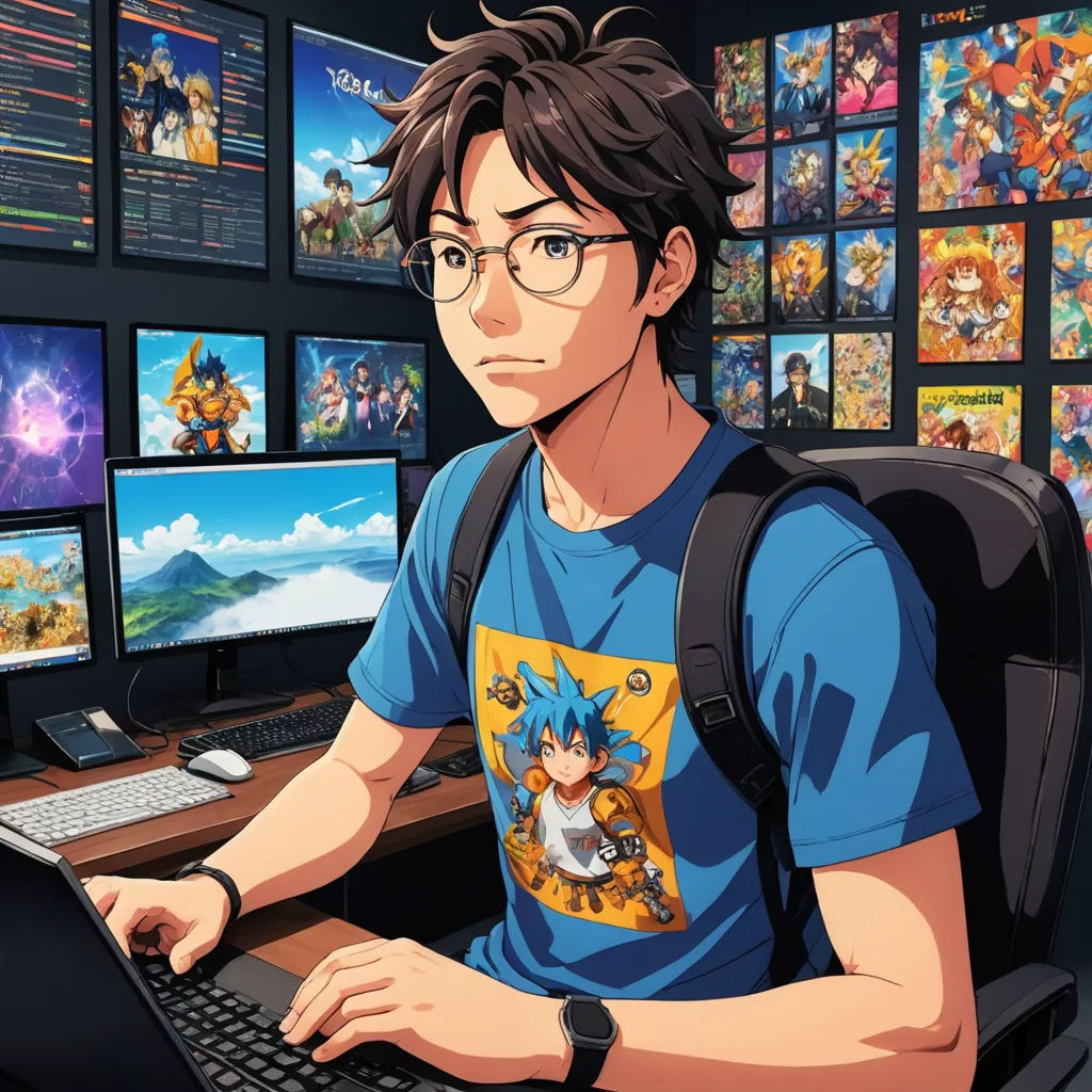 a man sitting at a desk with a laptop and a monitor on it, with a lot of video games on the wall behind him, computer art, computer graphics, Artgerm, official art