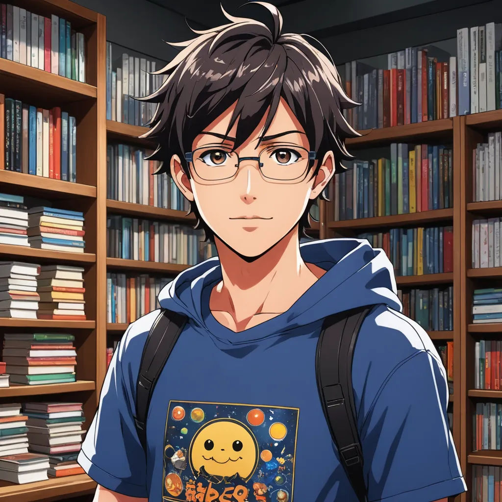 a man in a library with a backpack and glasses on his head and a cartoon picture on his shirt, remodernism, a character portrait, Adam Manyoki, official art