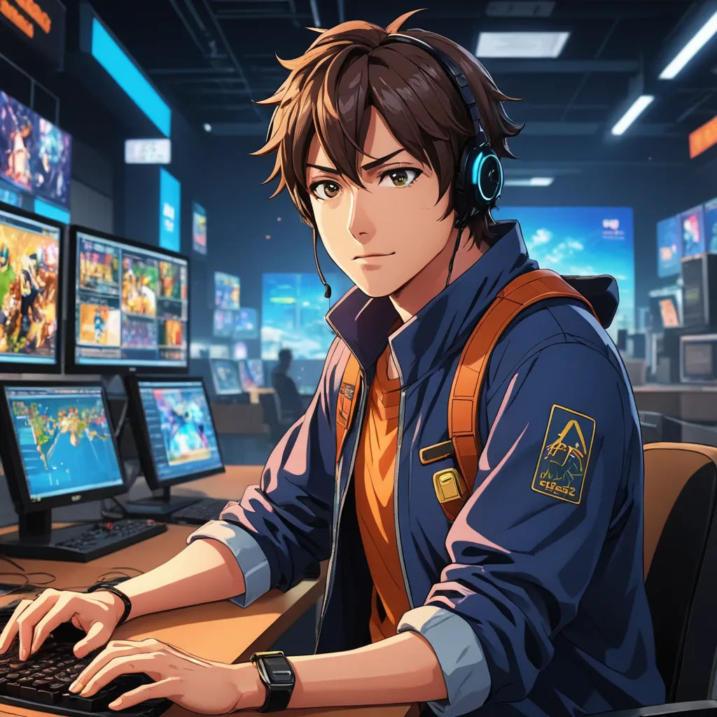 a man sitting at a desk with a computer and headphones on his ears, in front of a bunch of monitors, sots art, computer graphics, Cedric Seaut (Keos Masons), official art