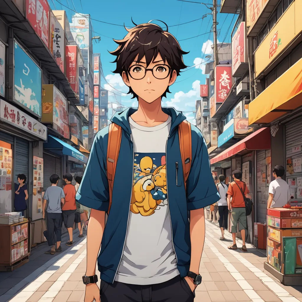 a man with glasses and a backpack standing in a street in front of a storefront with people walking by, photorealism, a character portrait, Cedric Seaut (Keos Masons), kyoto animation