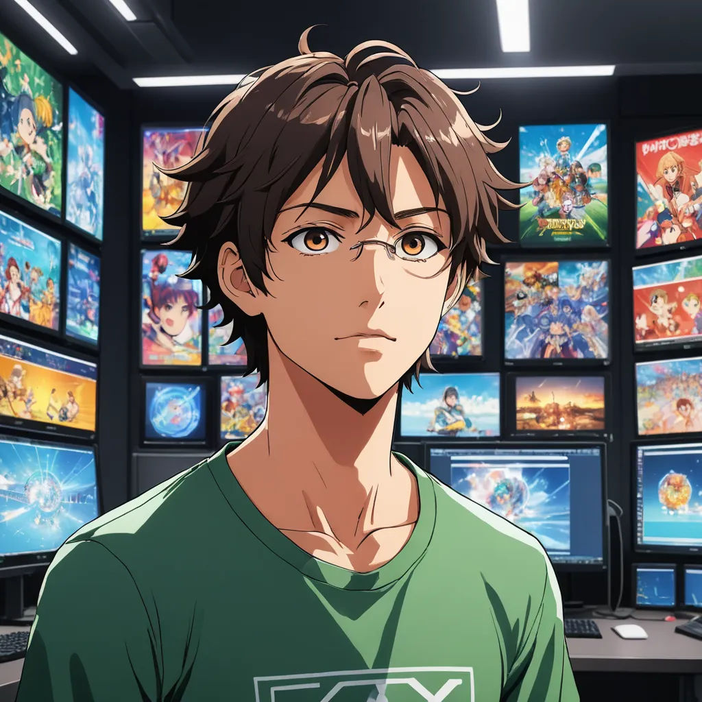 a man in a green shirt standing in front of a wall of televisions with anime screens behind him, sots art, a character portrait, Adam Manyoki, official art