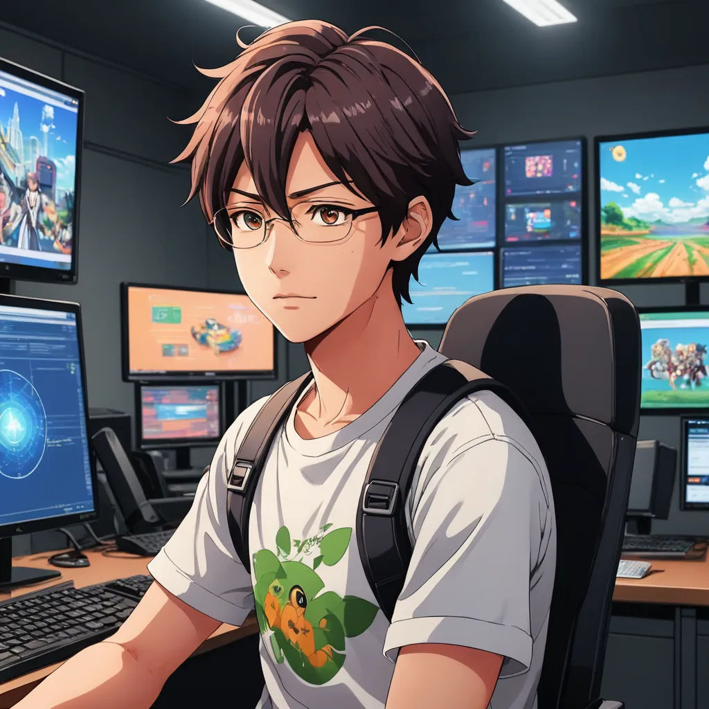 a man sitting in front of a computer monitor in a room with many monitors on the wall and a backpack on his shoulder, sots art, computer graphics, Adam Manyoki, official art