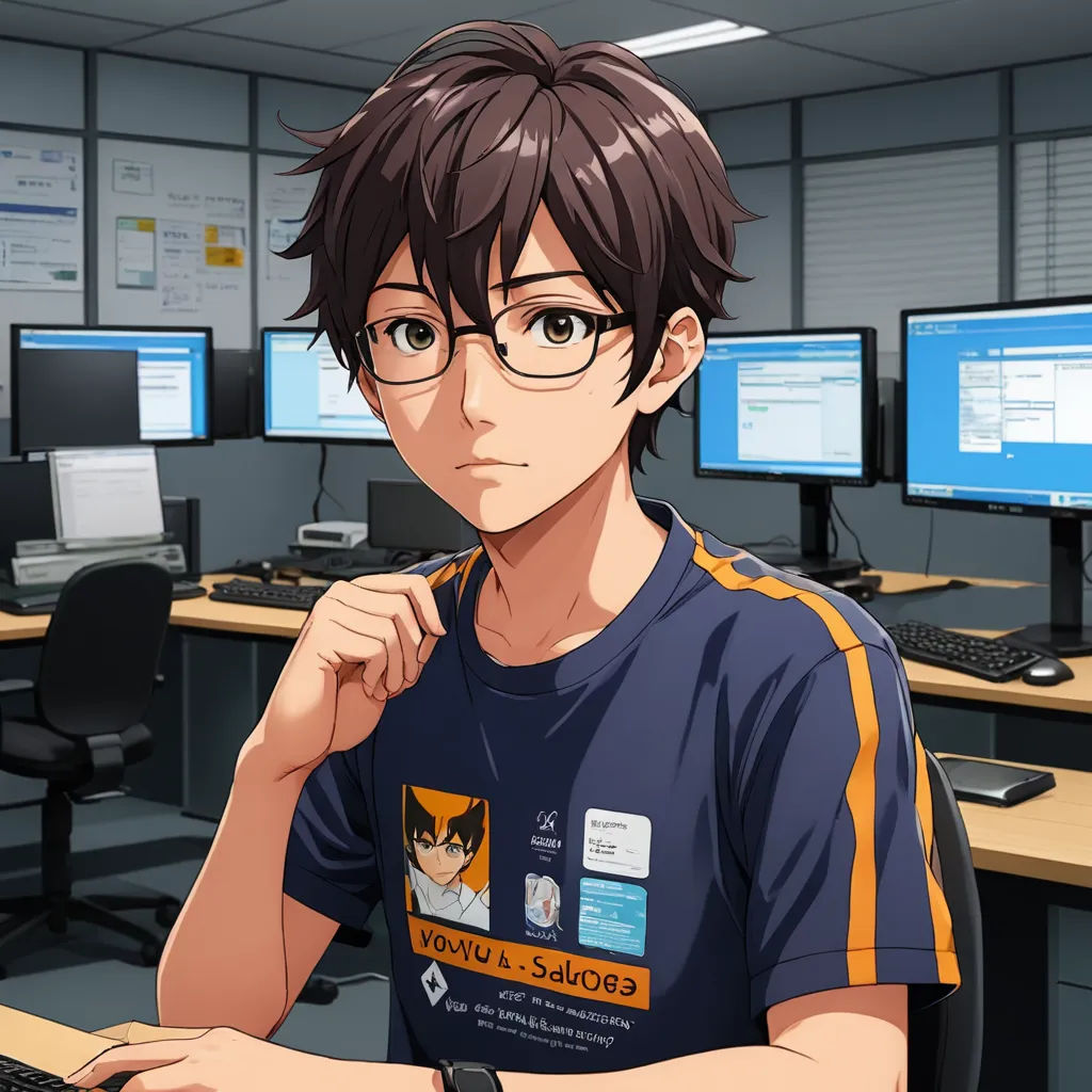 a man sitting at a desk with a computer in front of him and a monitor behind him with a cartoon character on it, computer art, computer graphics, Aguri Uchida, official art