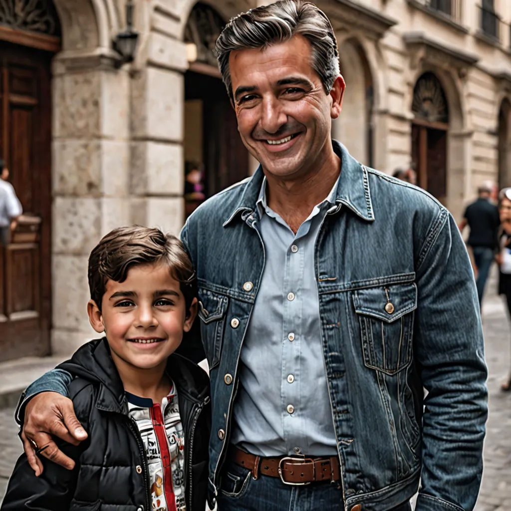 a man and a boy standing in front of a building on a street corner with a clock on the wall, david rubín, quito school, a stock photo, promotional image