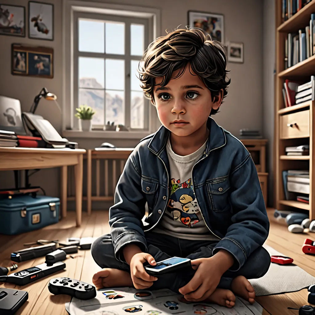 a young boy sitting on the floor with a remote control in his hand and a video game controller in his other hand, Chris LaBrooy, photorealism, computer graphics, highly detailed digital painting