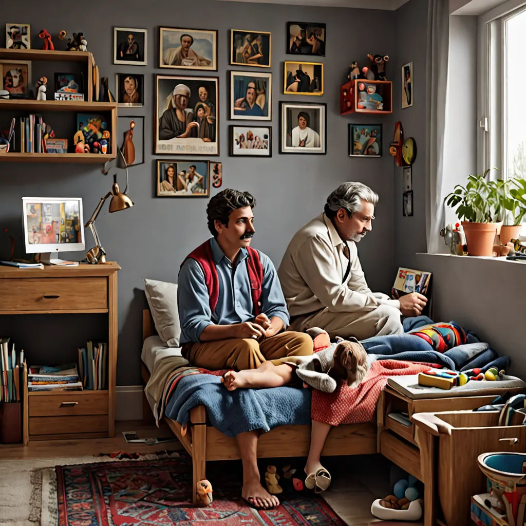 a couple of men sitting on top of a bed in a bedroom next to a window with pictures on the wall, Diego Gisbert Llorens, serial art, poster art, promotional image