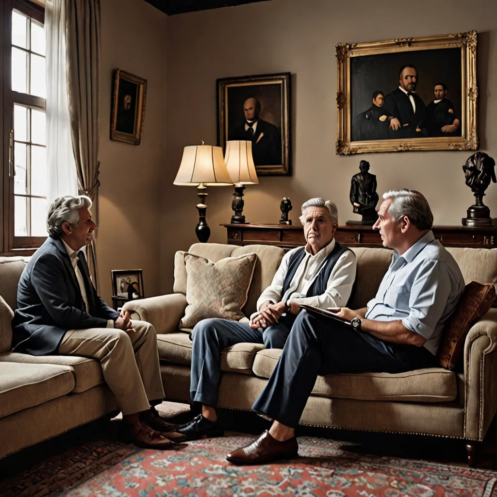 three men sitting on a couch in a living room with a painting on the wall behind them and a lamp on the floor, Enguerrand Quarton, arts and crafts movement, a portrait, rembrandt lighting