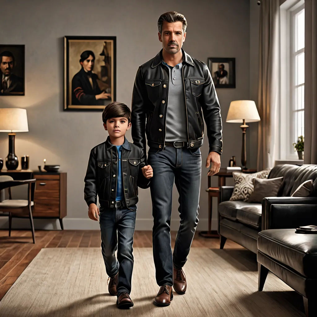 a man and a boy walking in a living room together, both wearing jackets and jeans, and the boy is wearing a jacket, Christian Hilfgott Brand, barbizon school, a storybook illustration, promotional image