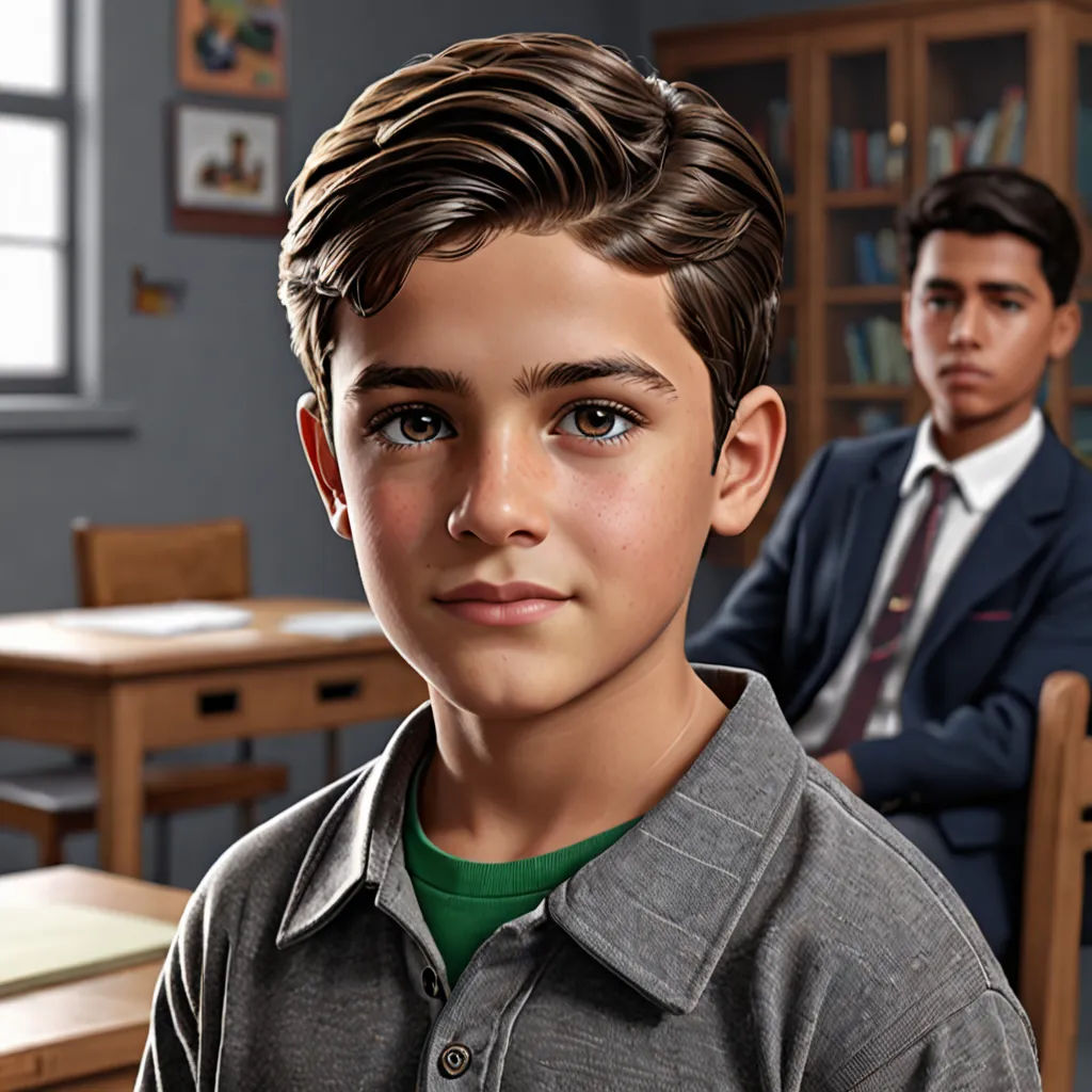 a boy in a suit and tie sitting in front of a computer screen with another man in the background, Bob Byerley, photorealism, a hyperrealistic painting, ultra realistic digital art
