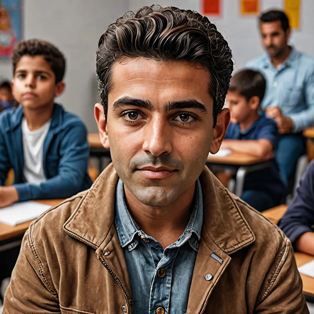 a man sitting in front of a group of children in a classroom with a man in the middle of the room, Ahmed Karahisari, vancouver school, a character portrait, promotional image