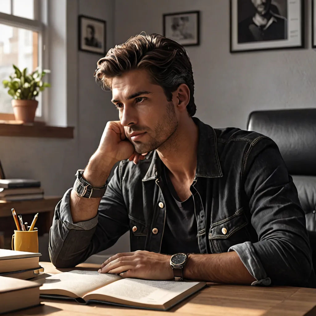 a man sitting at a desk with a book and pen in his hand and a book in front of him, Alexander Kucharsky, academic art, a stock photo, hard focus
