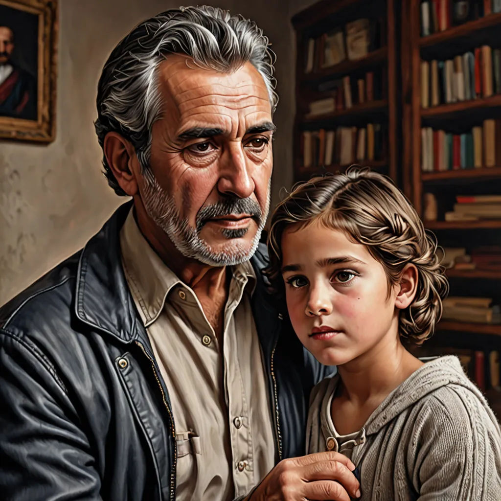 a painting of a man and a little girl in front of a bookcase with books on the shelves, Diego Gisbert Llorens, figurative art, an ultrafine detailed painting, highly detailed digital painting