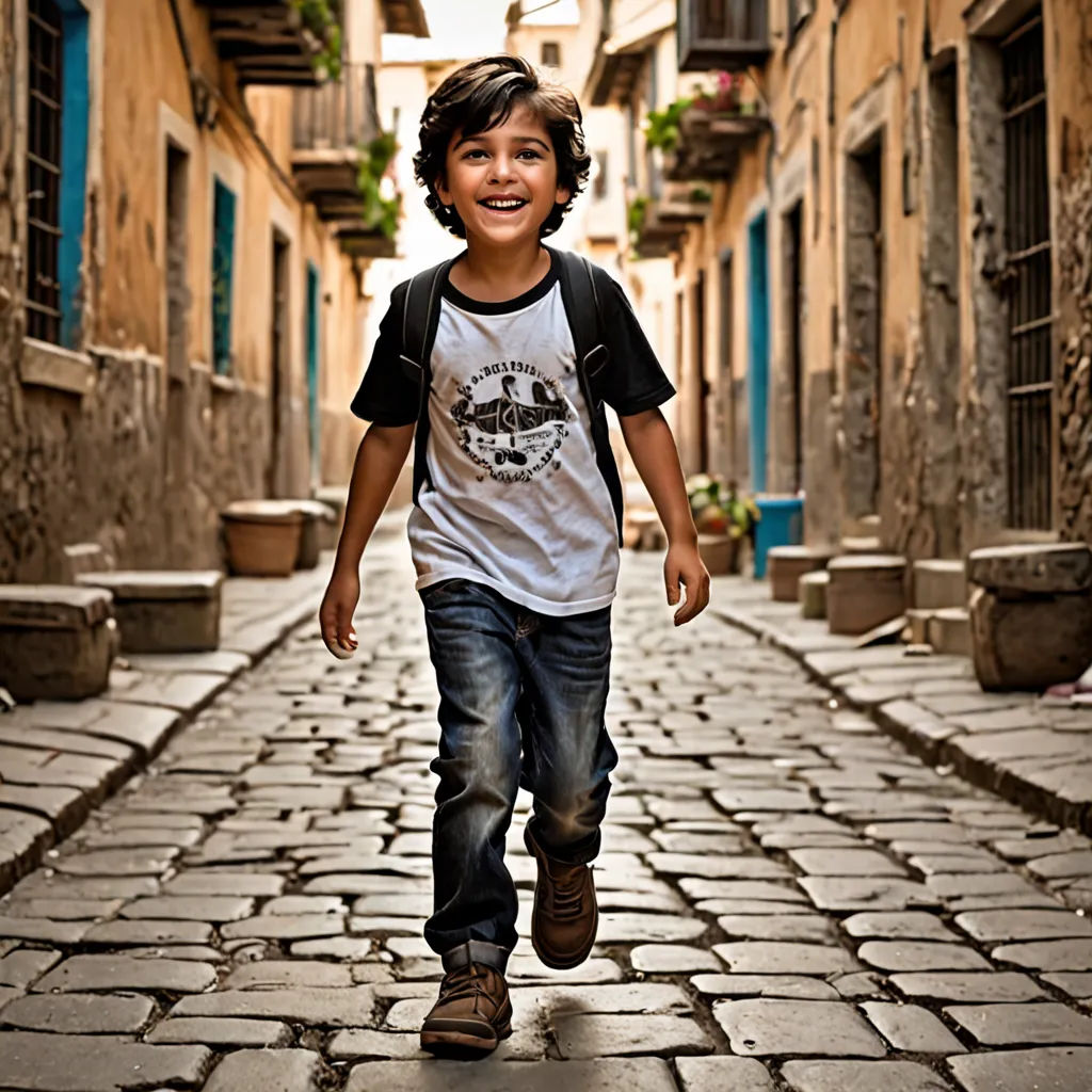 a young boy is running down a cobblestone street in a town with stone buildings and a blue door, Arthur Sarkissian, art photography, egyptian art, portrait photography