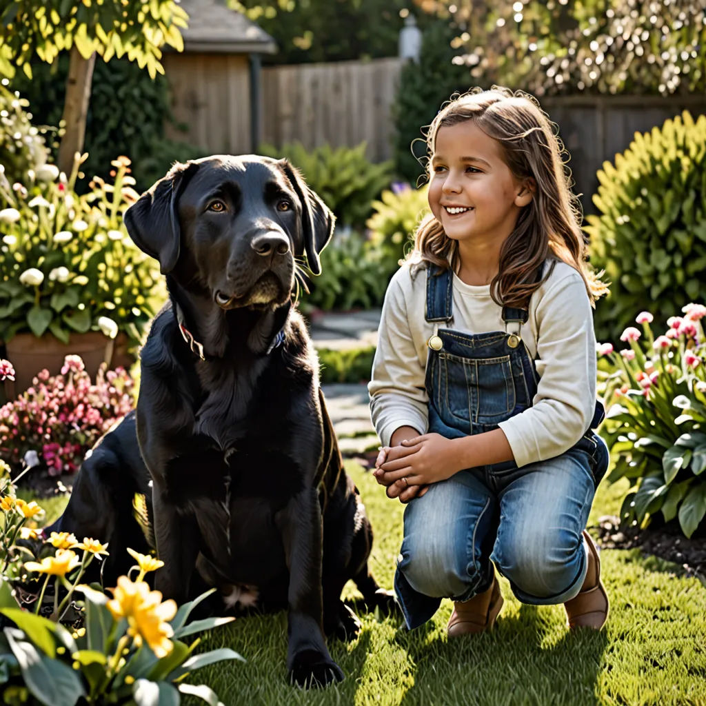 a girl and a black dog in a garden with flowers and trees in the background, and a fence in the background, lyco art, a stock photo, Elke Vogelsang, promotional image
