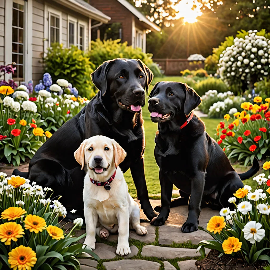 two dogs sitting in a garden with flowers and a house in the background with sun shining through the window, american impressionism, a stock photo, Elke Vogelsang, animal photography