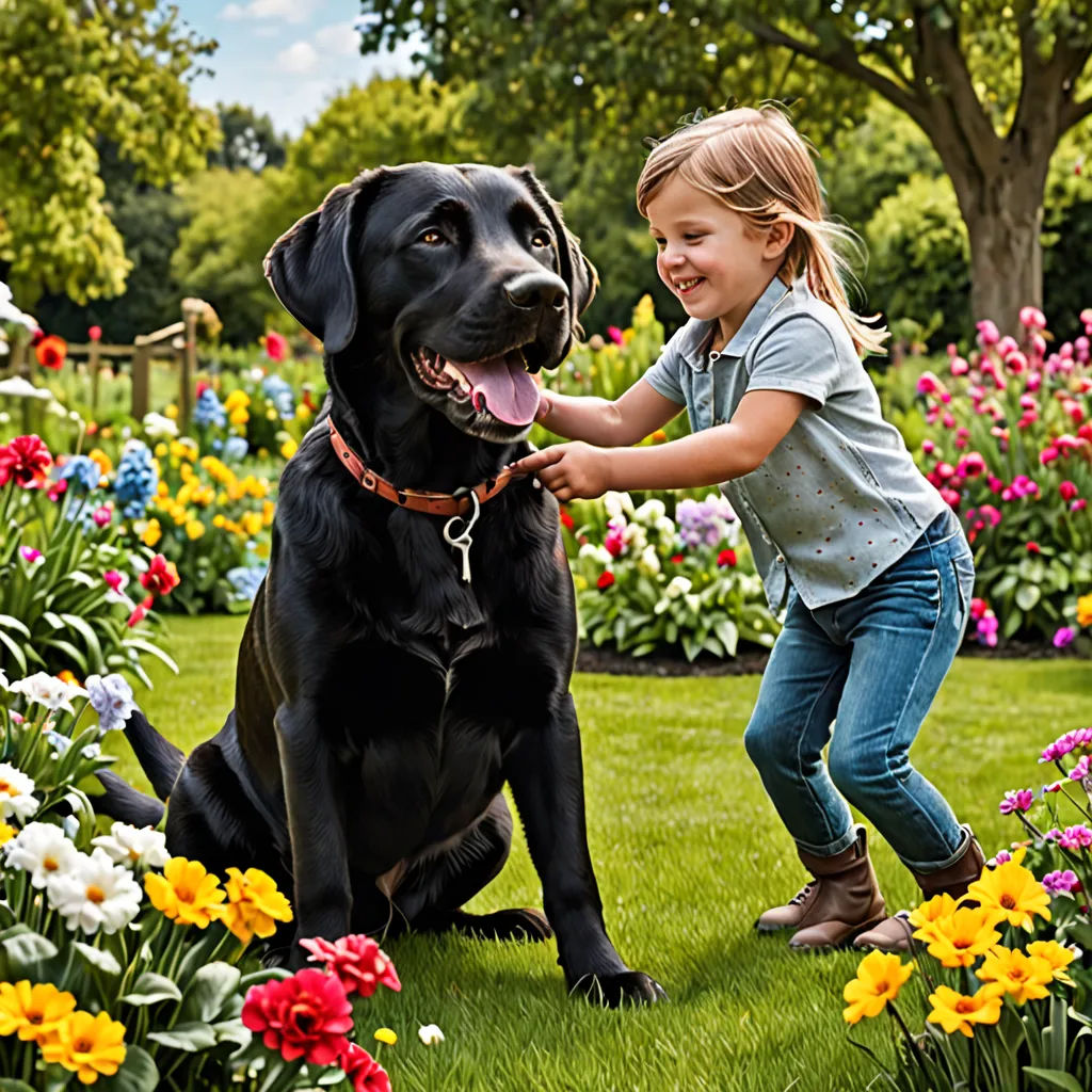 a little girl petting a large black dog in a garden of flowers and trees with a black dog, color field, a stock photo, Elke Vogelsang, animal photography