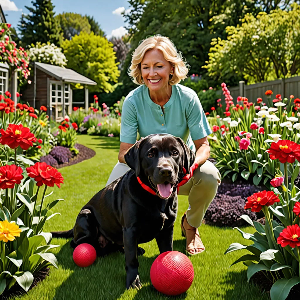 a woman kneeling down next to a black dog in a garden with flowers and a ball in front of her, lyco art, a stock photo, Evelyn Abelson, promotional image