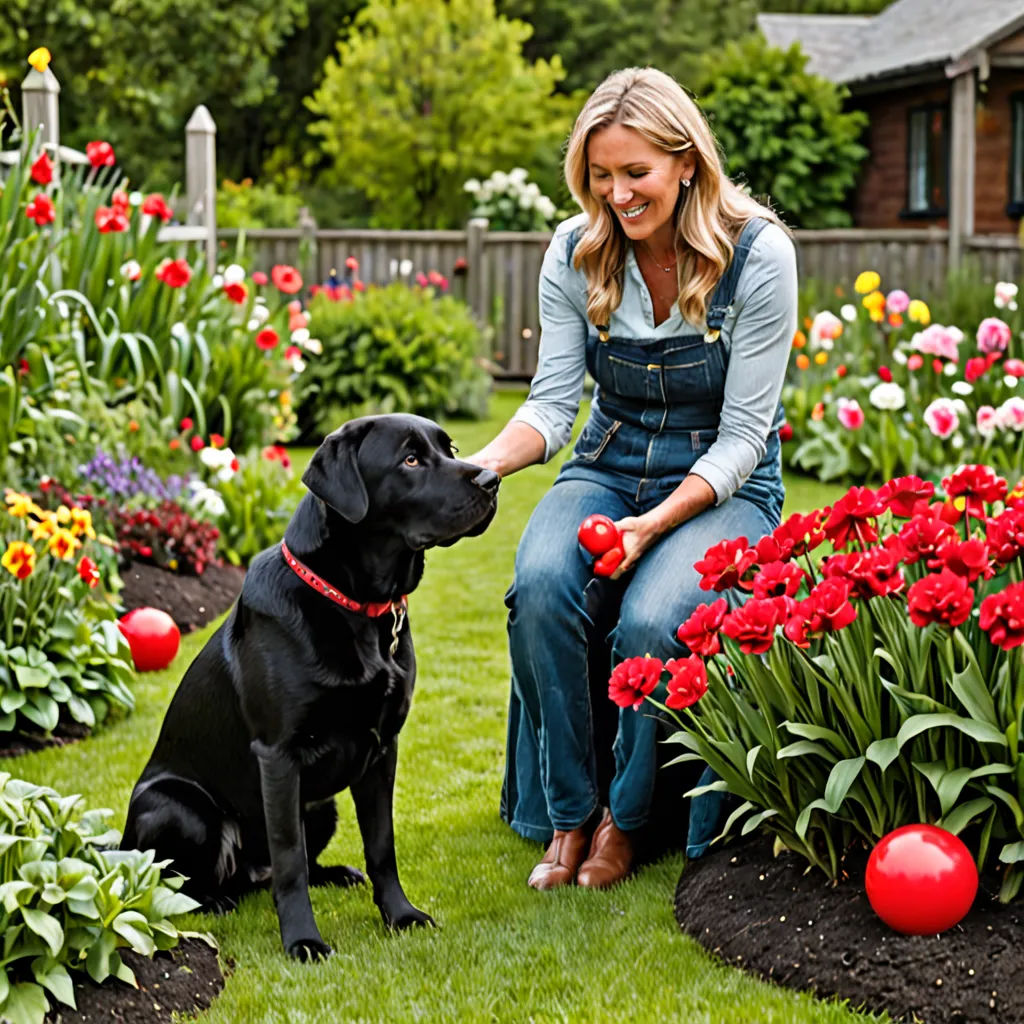 a woman kneeling down next to a black dog in a garden filled with flowers and plants and a red ball, environmental art, a stock photo, Anne Rigney, promotional image