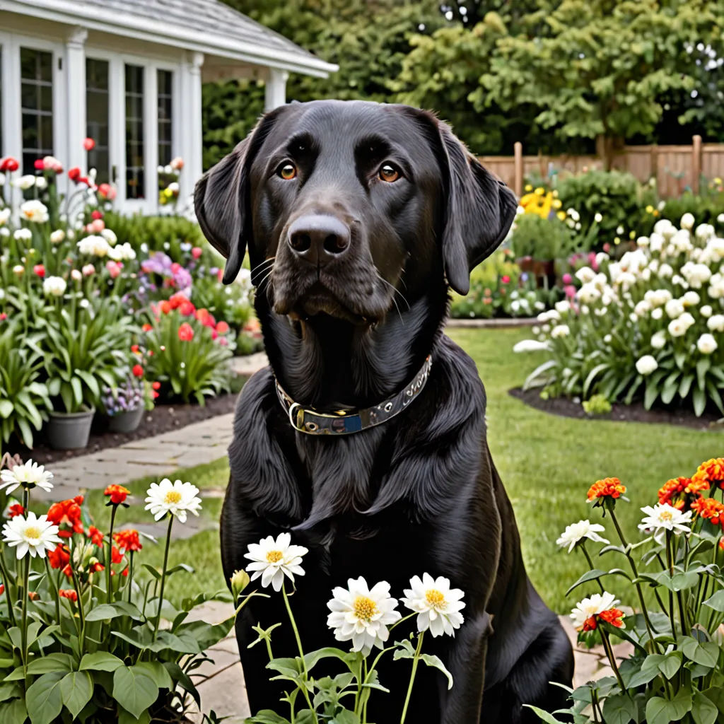 a black dog sitting in a garden with flowers and a house in the background with a white roof and a white door, neoclassicism, a stock photo, Dennis Ashbaugh, animal photography