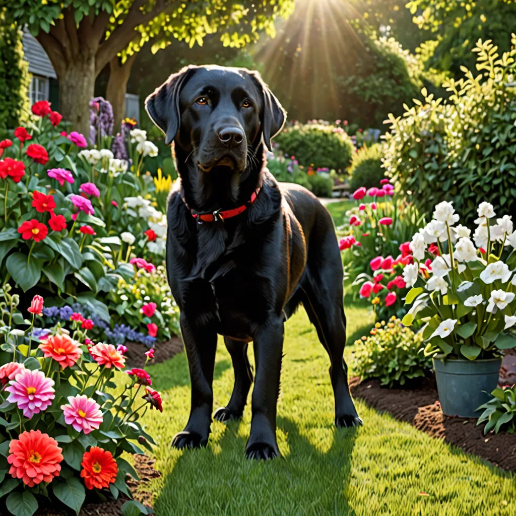 a dog standing in a garden with flowers and trees in the background and a sunbeam in the sky, environmental art, a stock photo, Elke Vogelsang, animal photography