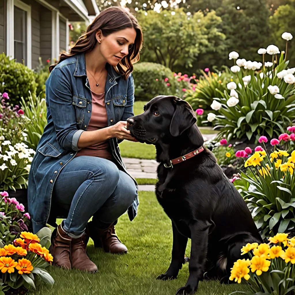 a woman kneeling down to pet a black dog in a garden with flowers and a house in the background, environmental art, a stock photo, Eve Ryder, promotional image