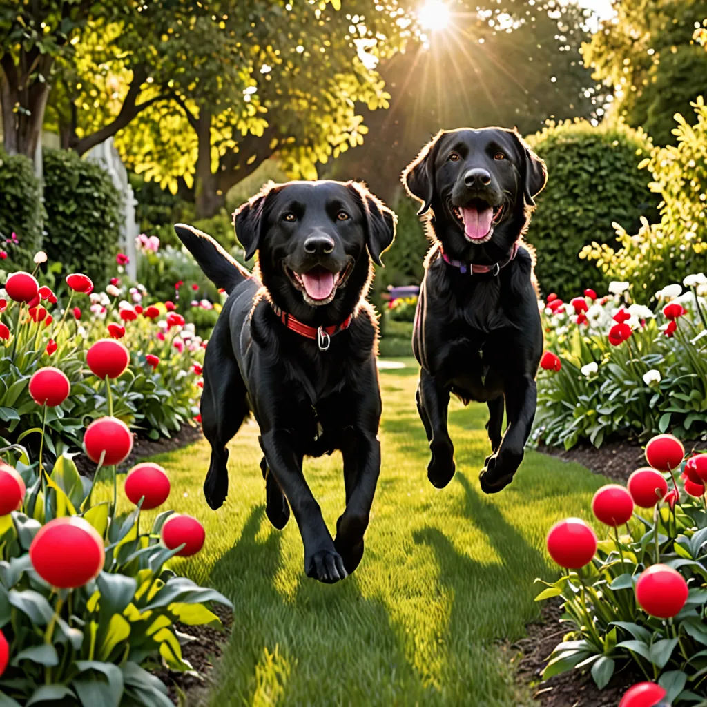 two black dogs are jumping in a garden of flowers and tulips with the sun shining on them, art photography, a stock photo, Elke Vogelsang, award - winning photography