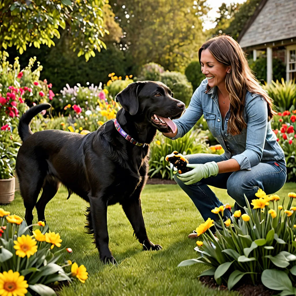 a woman kneeling down next to a black dog in a garden with flowers and plants around her and a house in the background, environmental art, a stock photo, Doug Ohlson, animal photography