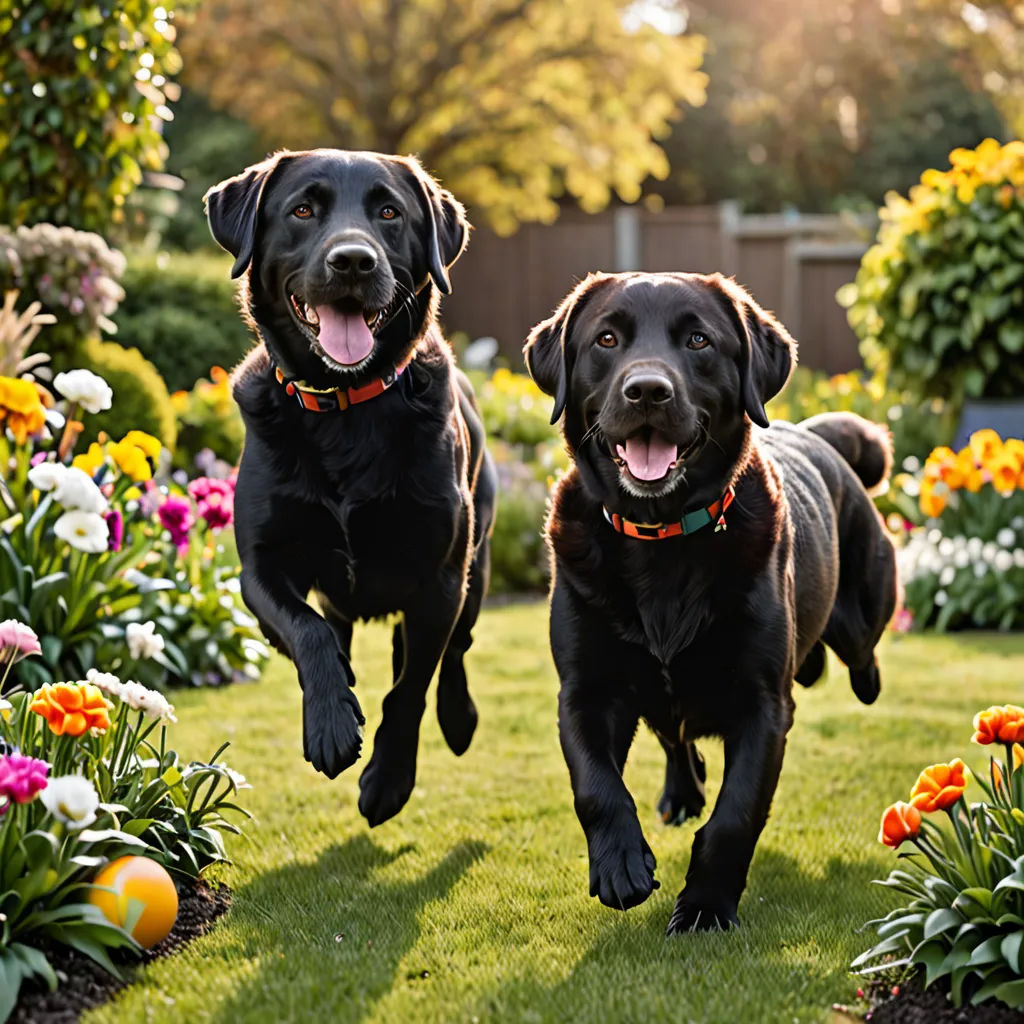 two black dogs running through a garden of flowers and flowers in the sun light, with their mouths open, naive art, a stock photo, Elke Vogelsang, animal photography