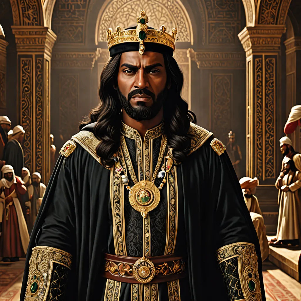 a man in a black and gold outfit with a crown on his head and a crown on his head, qajar art, a character portrait, Altoon Sultan, official art