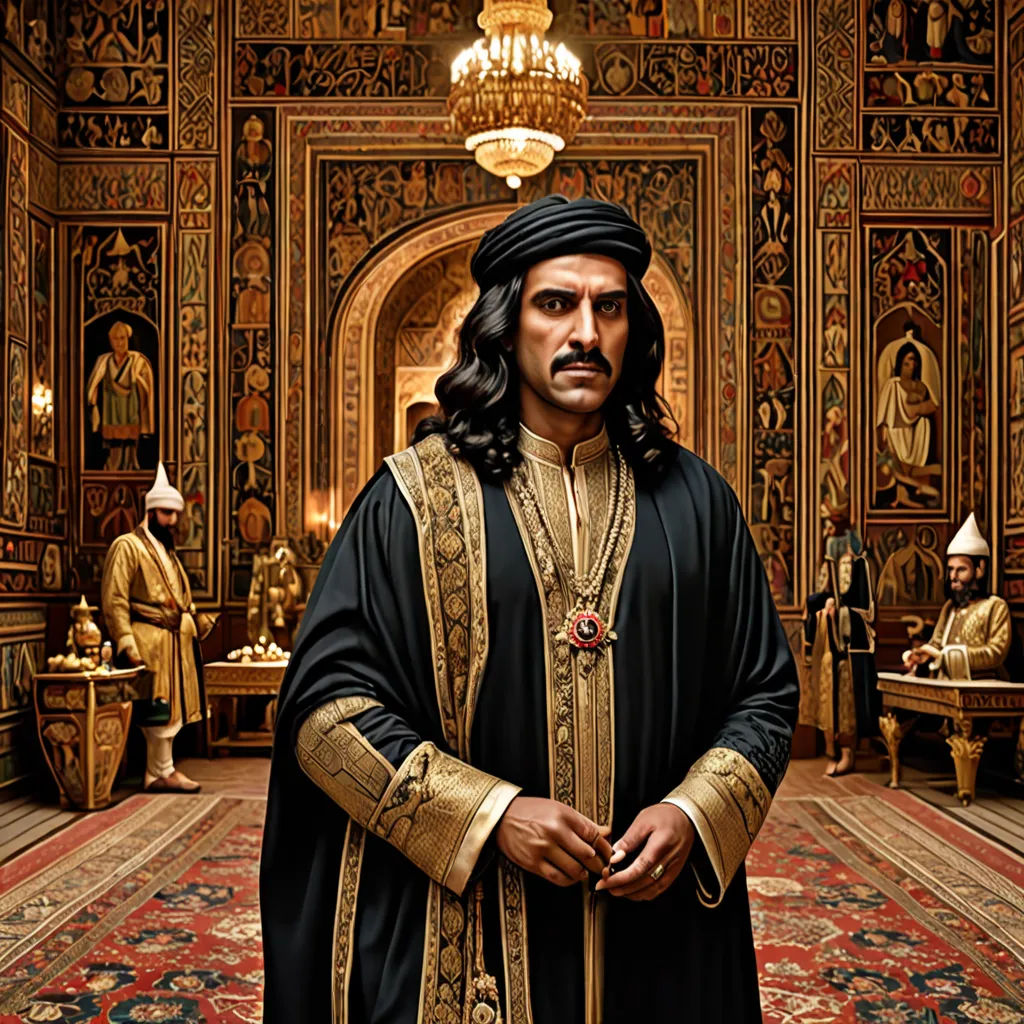a man in a black and gold outfit standing in a room with a chandelier and a rug, qajar art, egyptian art, Altoon Sultan, promotional image