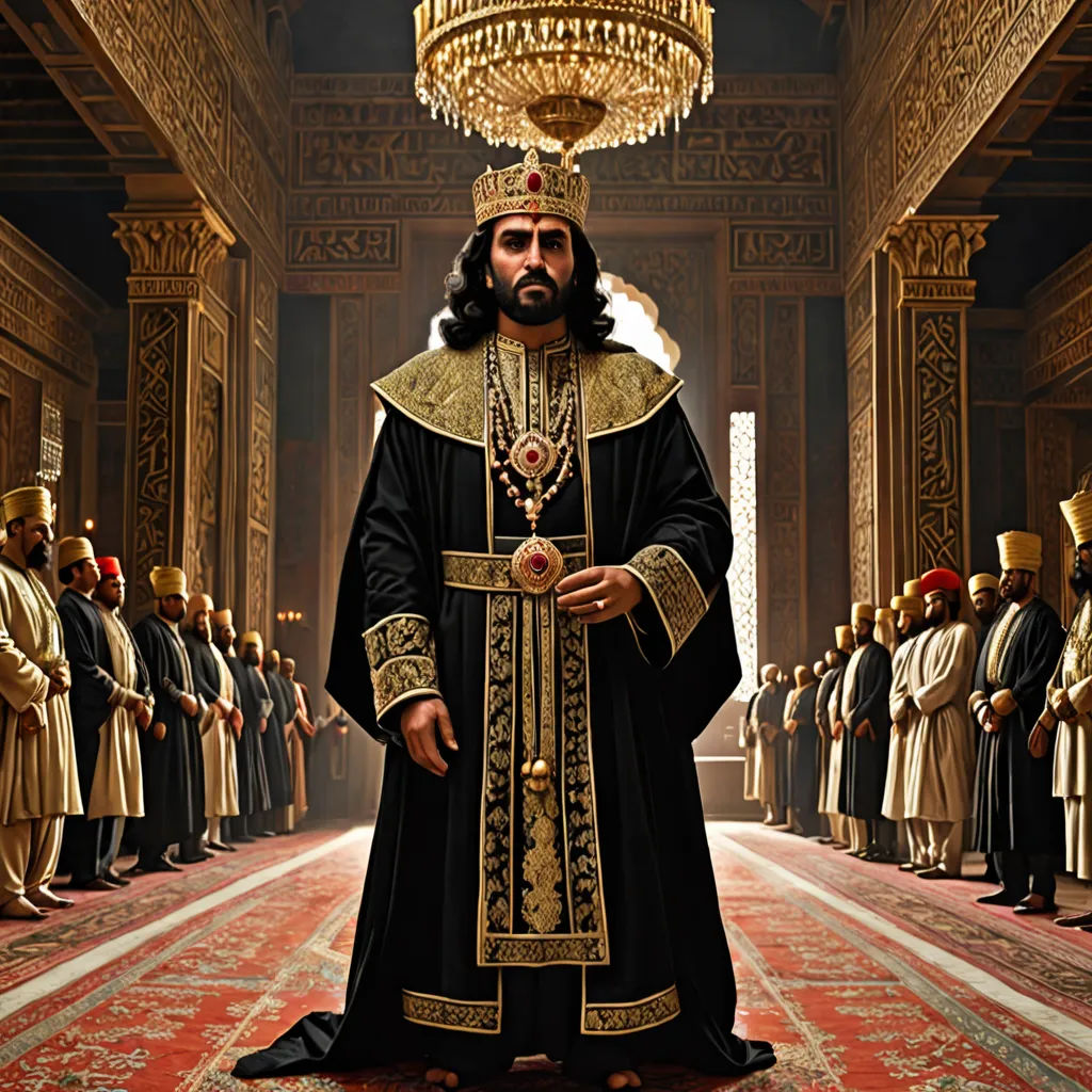 a man in a black and gold outfit standing in front of a group of men in gold robes and crowns, qajar art, a detailed matte painting, Altoon Sultan, promotional image