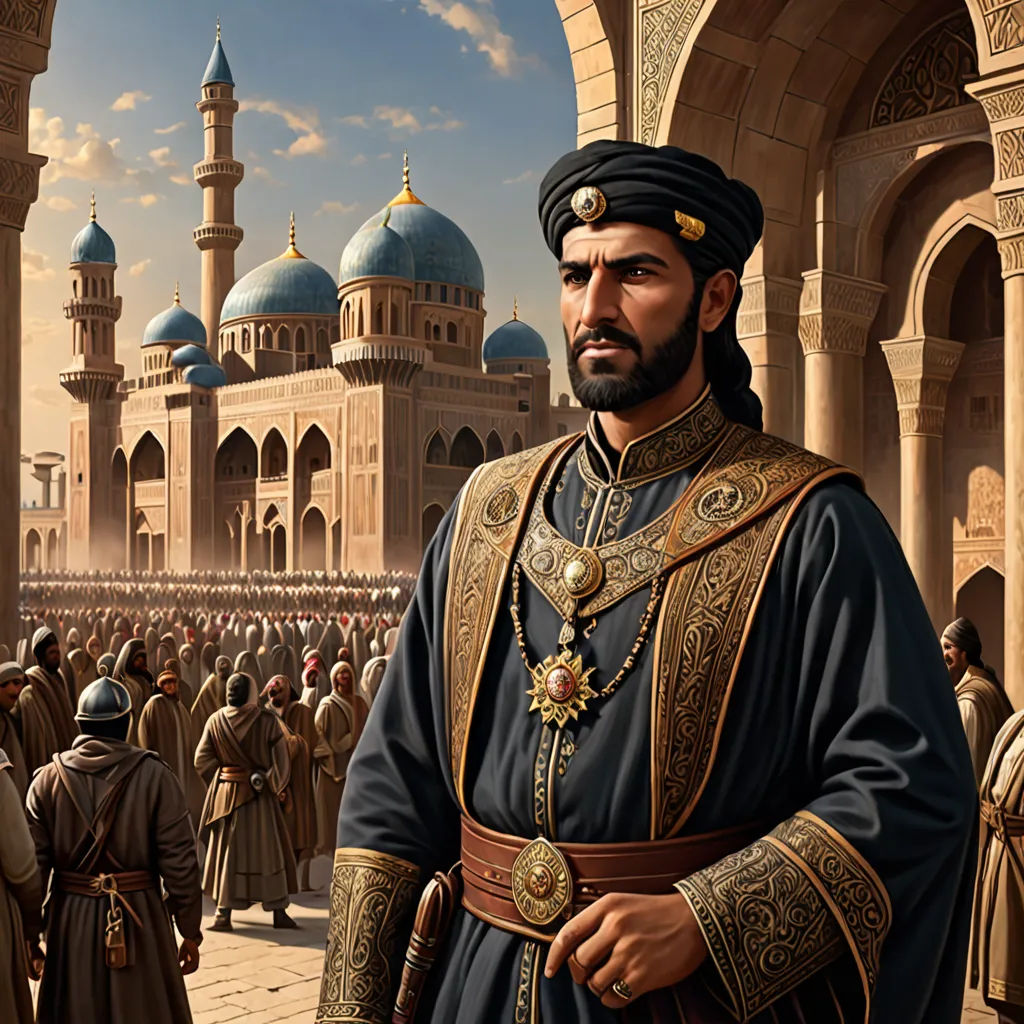 a painting of a man in a medieval outfit standing in front of a crowd of people in a courtyard, qajar art, a detailed painting, Altoon Sultan, magic the gathering artwork