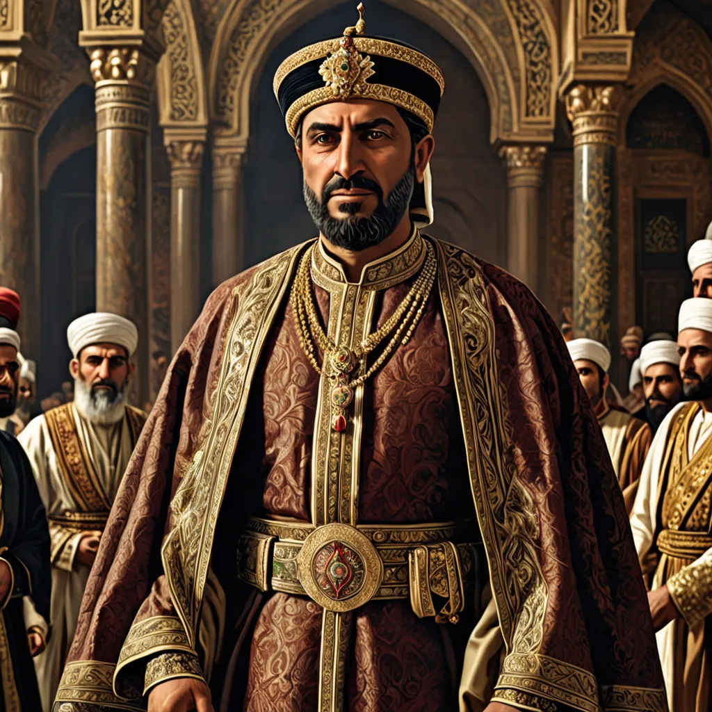 a man in a golden outfit standing in front of a group of men in white turbans and gold jewelry, qajar art, a detailed painting, Altoon Sultan, orientalism