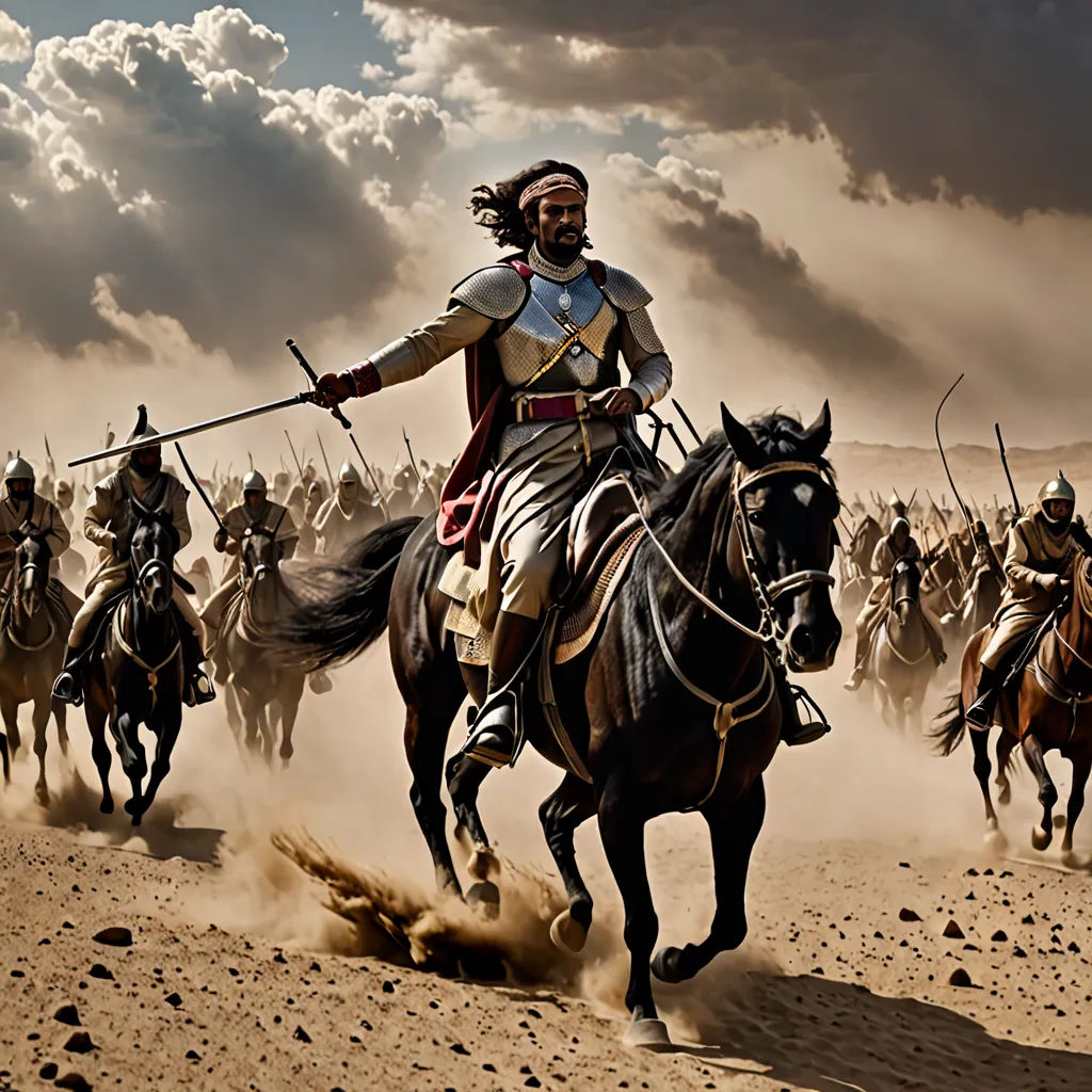 a man riding on the back of a horse next to a bunch of men on horses in a desert, antipodeans, a detailed matte painting, Altoon Sultan, cinematic photography