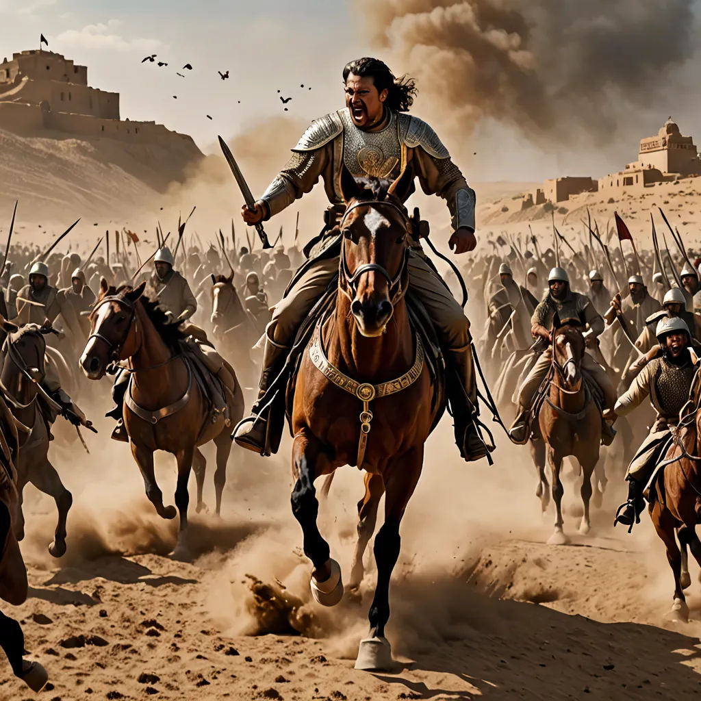 a man riding on the back of a brown horse next to a bunch of men on horses in a desert, antipodeans, a detailed matte painting, Altoon Sultan, epic scene