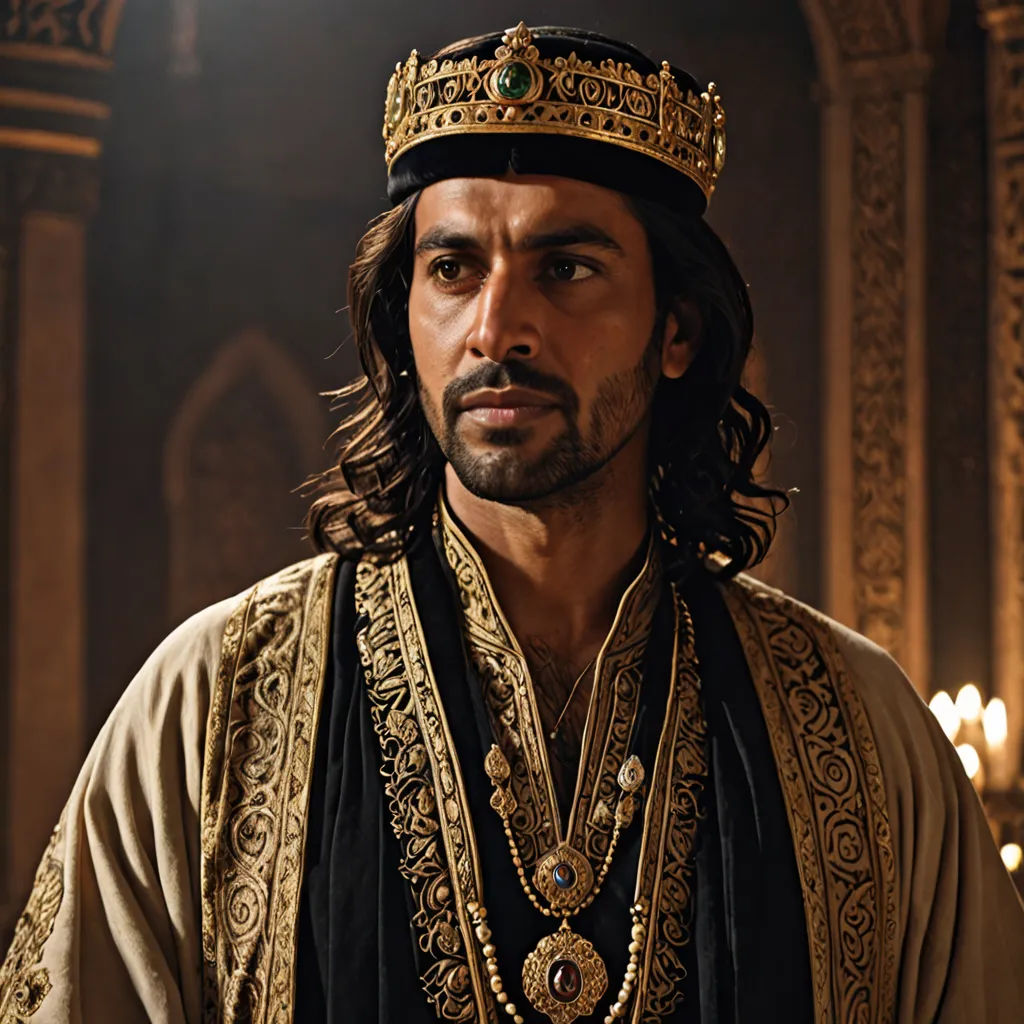 a man in a crown and a black and gold outfit with a candle in the background and a chandelier in the foreground, hurufiyya, a character portrait, Altoon Sultan, promotional image