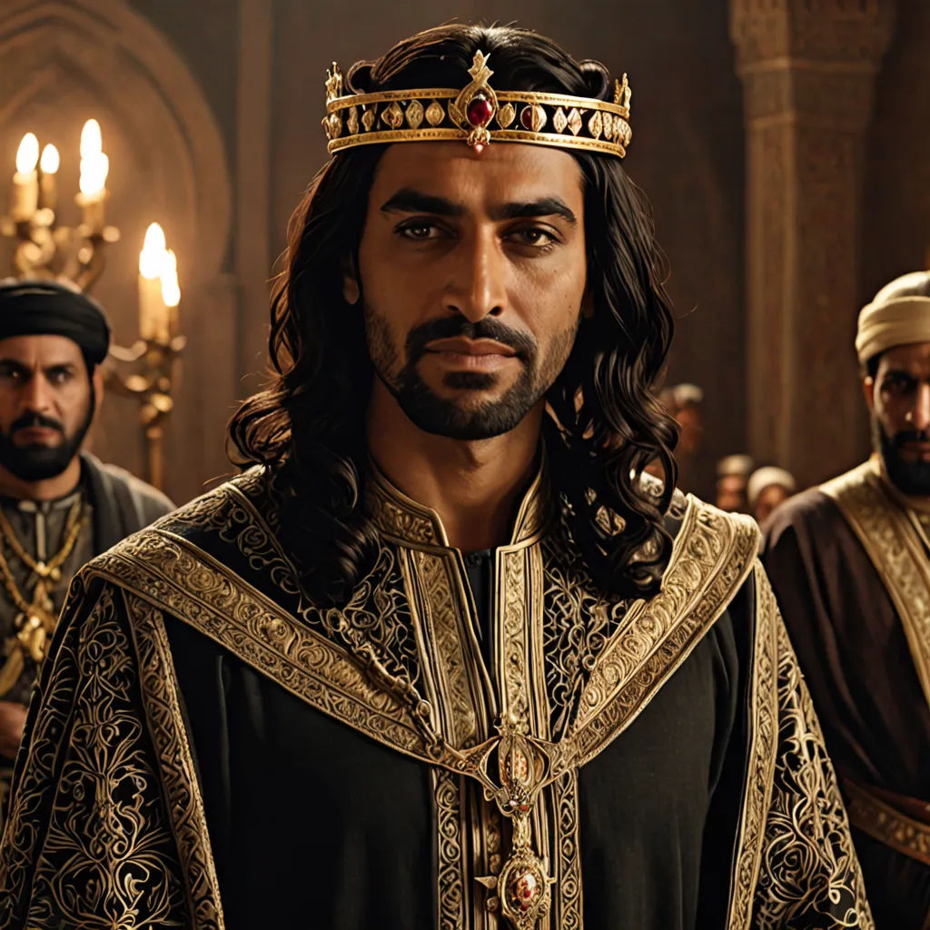 a man in a crown and a group of men in costume in a room with lights and chandeliers, hurufiyya, a character portrait, Altoon Sultan, promotional image