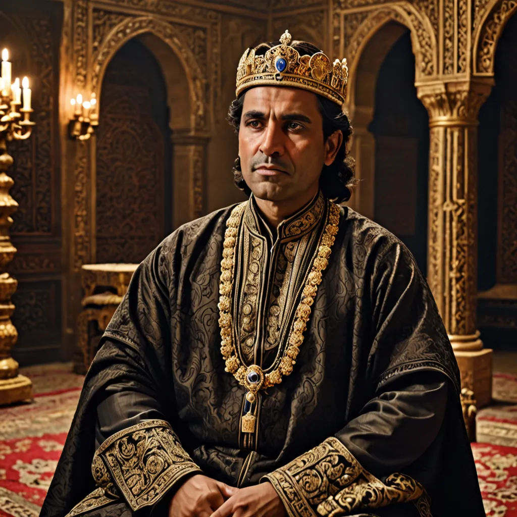 a man in a crown sits in a room with a red carpet and gold decorations on the walls and floor, qajar art, a character portrait, Altoon Sultan, promotional image