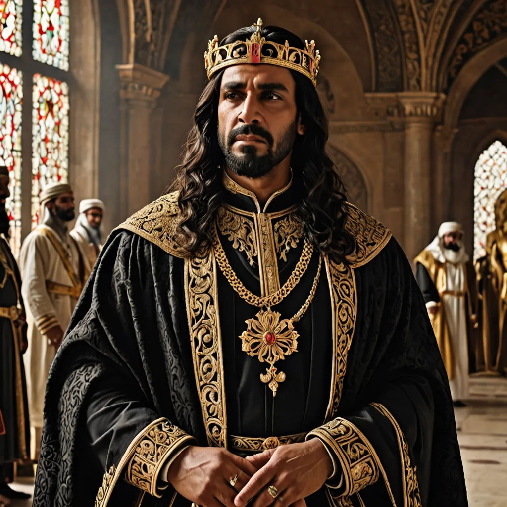 a man in a black and gold outfit standing in a church with other men in the background wearing gold and black, qajar art, a character portrait, Altoon Sultan, promotional image