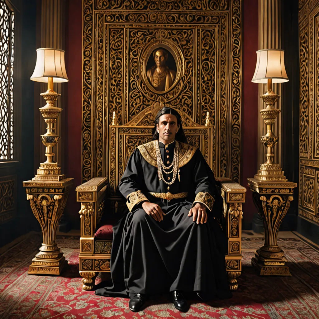 a man in a black and gold outfit sitting on a throne in a room with a red carpet and two lamps, qajar art, a character portrait, Altoon Sultan, promotional image